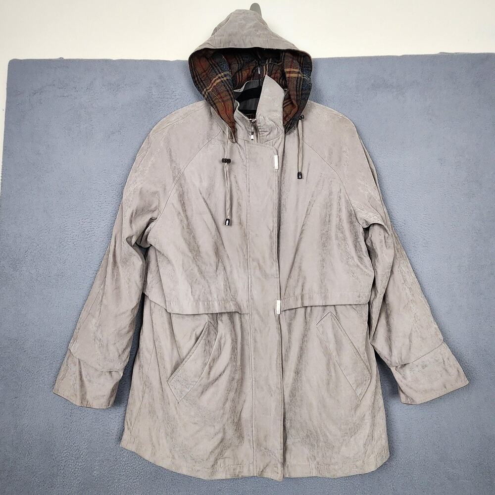 Liz Claiborne Jacket Womens XL Beige Hooded Parka Anorak Plaid Lined Pockets